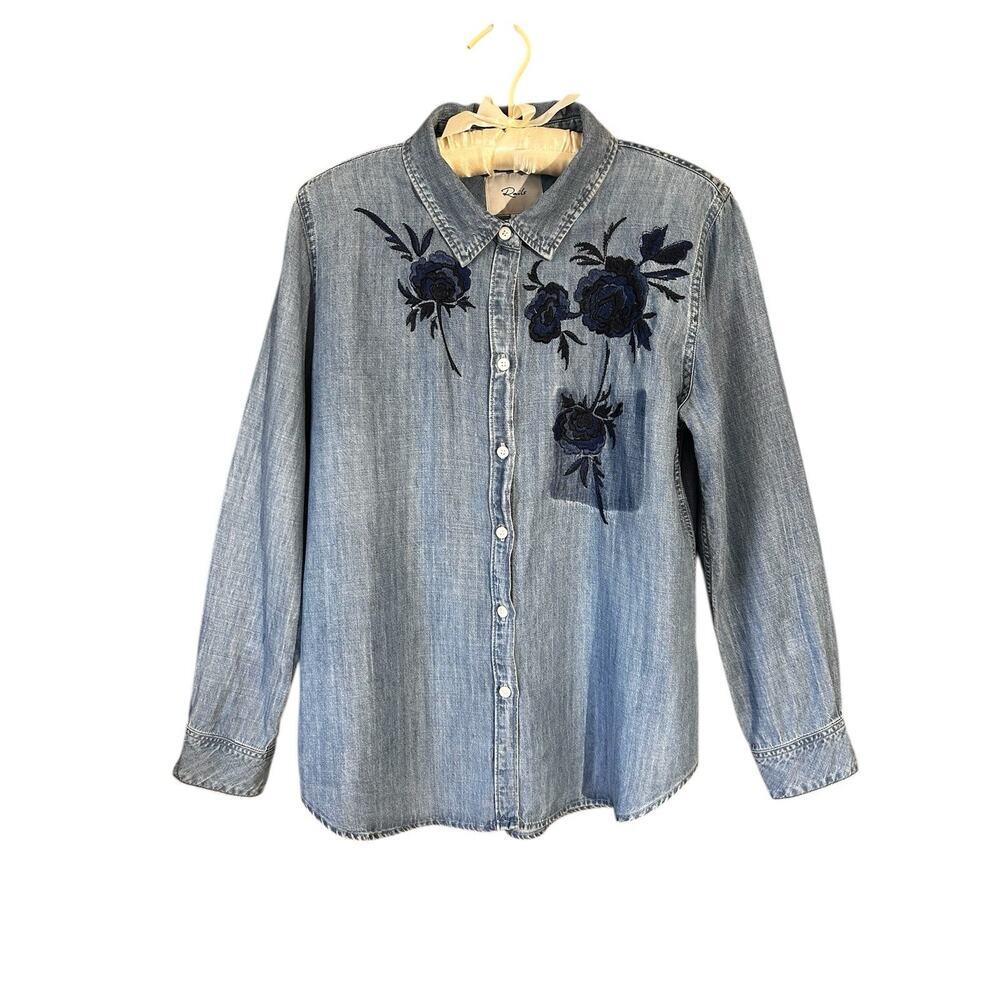 Rails Women's Blue Denim Long Sleeve Button Down Shirt With Embroidered Roses M